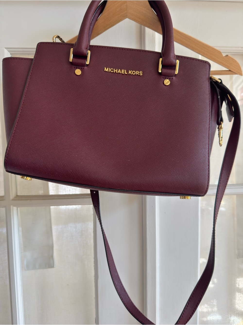 Michael Kors Wine Selma/Saffiano Leather Satchel with Gold Hardware